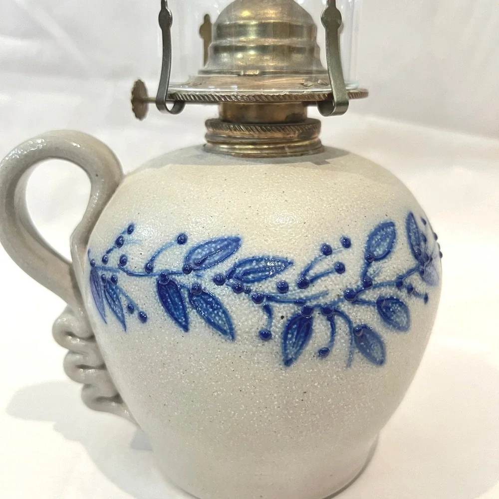 Salmon Falls Stoneware Kerosene Oil Lamp & Chimney‎ Blueberry Vine Signed 1999